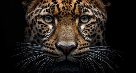 Obraz premium Detailed close up shot of a leopard face with dark backdrop