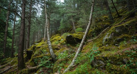 Fototapeta premium Lush wilderness area with abundant pine trees and green moss on rocky terrain