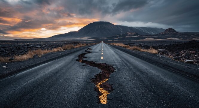Erosion hazard on asphalt road caused by volcanic caldera instability and damage