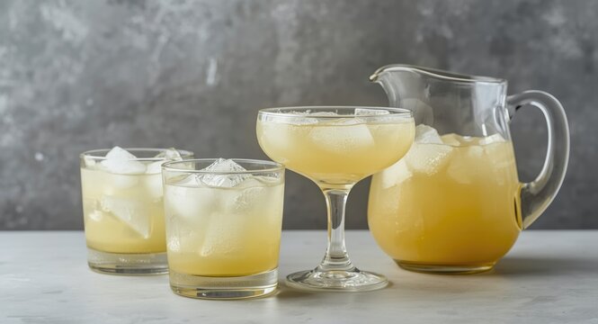 Iced pineapple tepache cocktail showcased in glasses and pitcher with a gentle gray background
