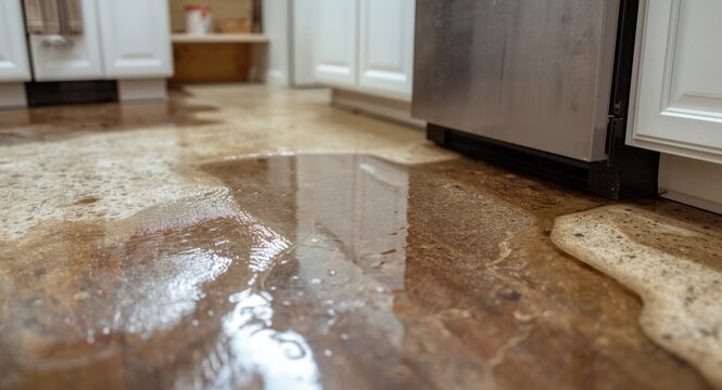 Leak induced kitchen floor flooding causing significant moisture troubles