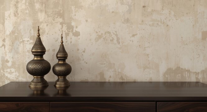 Middle Eastern traditional oil lamps on a deep ebony table with a smooth finish