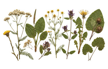 Naklejka premium Collection of pressed medicinal meadow herbs and wildflowers including chamomile and yarrow