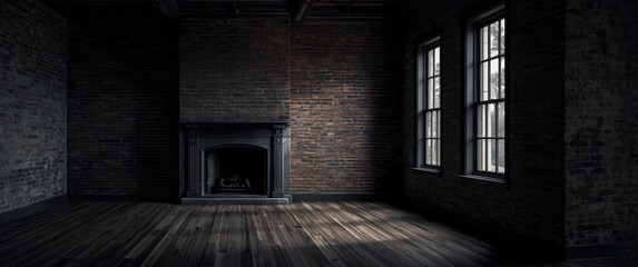 Fototapeta premium Dark room vacant except for brick fireplace wall and big windows with copy space