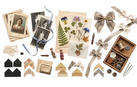 Vintage scrapbooking kit with old photographs, pressed flowers, rustic bows, and antique sewing accessories