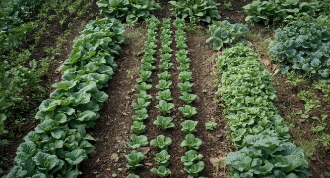 Small scale home allotment with diverse crops growing in neat rows