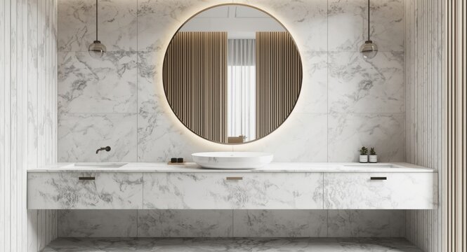 bathroom design with smooth marble surface and oversized round mirror in modern style