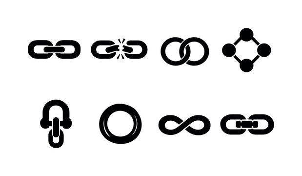 Chain link connection: chain link, broken chain, linked rings, connection nodes, anchor chain, metal loop, infinity link, secure link