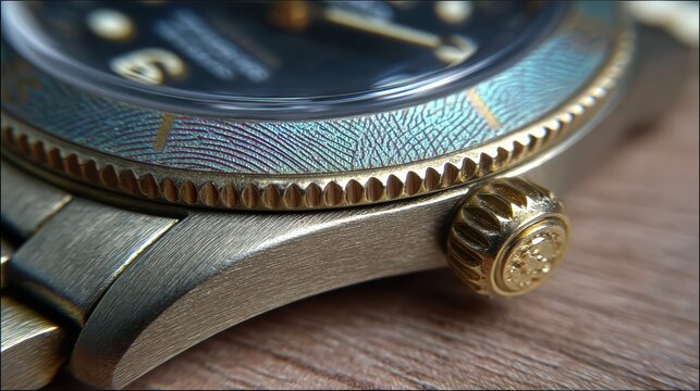 Closeup of watch crown with knurling detail and fingerprint