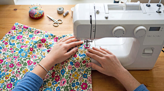 Teen girl sewing colorful fabric on home sewing machine indoors
