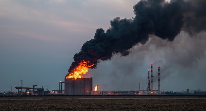 Petroleum tank farm fire sending black smoke into the atmosphere