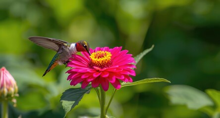 Obraz premium Joyful hummingbird exploring a colorful flower in a sunlit garden scene