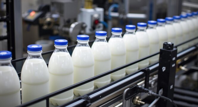 Milk bottle packaging line with moving conveyor belt