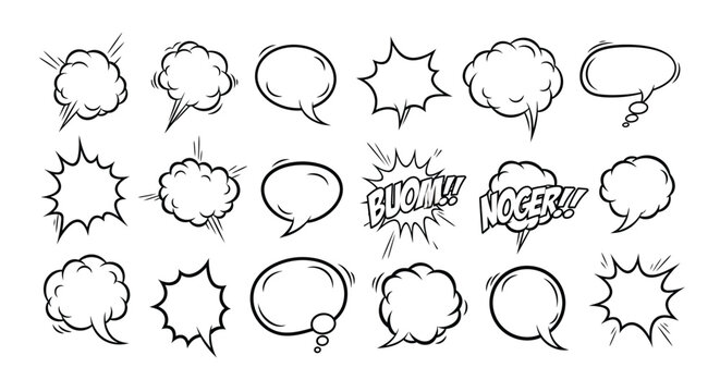 Collection of comic book speech bubbles and sound effects in various shapes and styles for creative projects