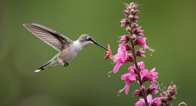 Happy broad tailed hummingbird mid flight enjoying nectar from striking penstemon flowers