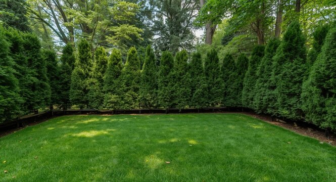 Private backyard with cedar hedge trees and flourishing green grass for serene moments