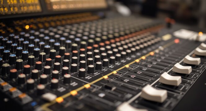 Detailed view of sound engineering console knobs and buttons in use