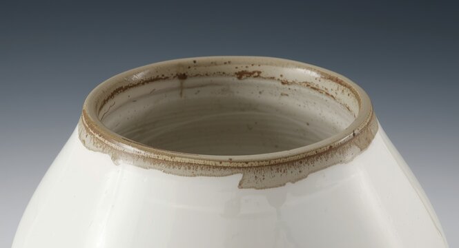 Single rim area of a pottery vessel coated in matte fly ash glaze on white