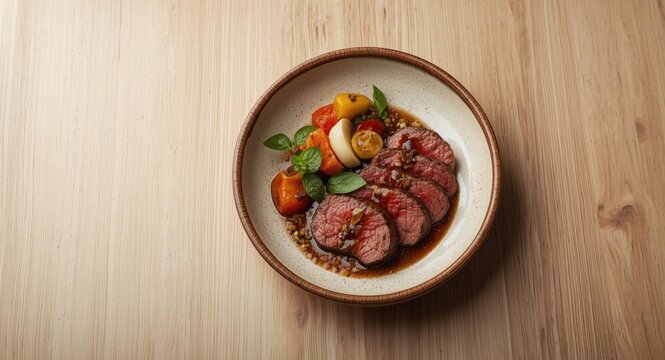 Gourmet tagliata di manzo with dry aged sirloin slices and vegetable medley in truffle sauce on ceramic bowl with copy space
