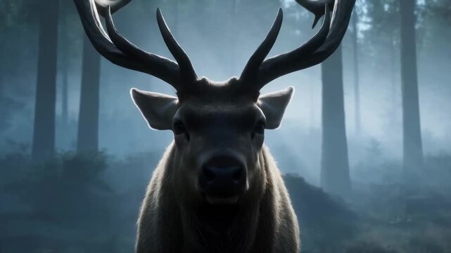 Slow dolly tracking shot of stag with large antlers approaching and facing camera in misty forest clearing at dawn