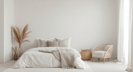 Fototapeta premium Relaxing bedroom with patterned pillows on bed and armchair surrounded by white boho decor