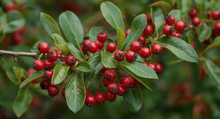 Obraz premium Garden close-up showing ripe red berries on vivid green hawthorn branches