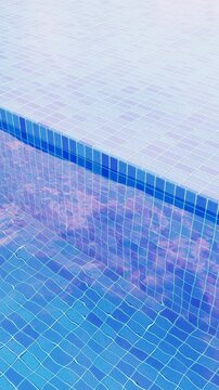 Vertical abstract 3D blue liminal pool space tiles banner template wallpaper copyspace background loop animation, surreal summer water waves mosaic texture, resort spa vacation wellness promo design