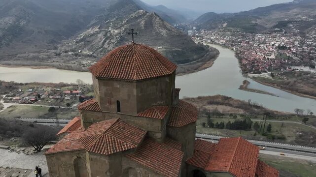 Aerial view of jvari monastery overlooking mtskheta georgia