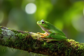 Obraz premium Small amphibian on a branch among green leaves, serene forest setting and natural colors