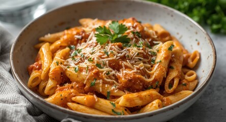 Fototapeta premium Full view of cheesy penne alla vodka pasta with parsley made from leftover sauce