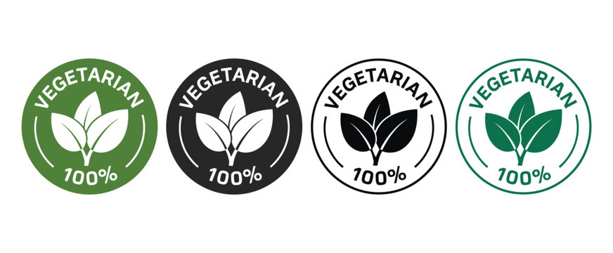 100 Percent Vegetarian Certification Product Labels with Green Leaf Icons for Organic Food Packaging and Plant Based Dietary Branding Design
