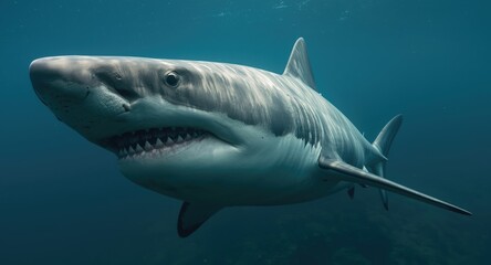 Fototapeta premium Ocean predator white shark with detailed muzzle in natural habitat