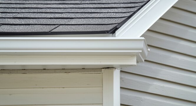 Detailed view of white gutter guard, drip edge and vinyl siding on luxury home exterior