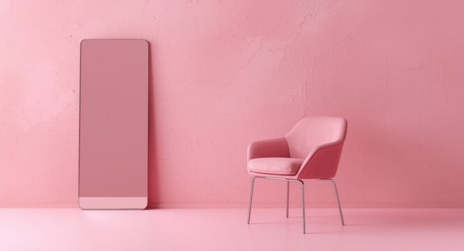 mirror and pink chair on pink floor with minimal texture and copy space