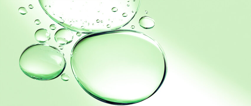 Panoramic macro photography of clear green liquid droplets, moisturizing aloe vera serum or herbal essence gel on mint background