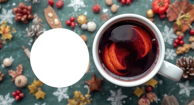 Mug containing mulled wine with clear area for product info on a seasonal festive backdrop