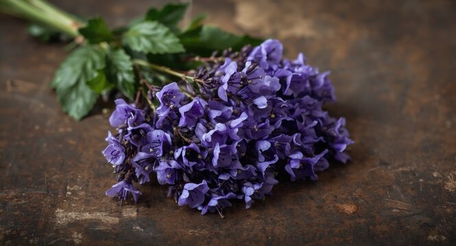 Freshly picked violet flowers on rustic surface