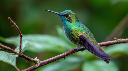 Fototapeta premium Green hummingbird perched on thin branch in forest setting