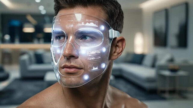 A man wearing a futuristic ar visor for facial mapping and skin analysis with a digital interface in a high-tech clinic