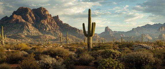 Obraz premium Illustration of rugged desert terrain with large Saguaro cacti and strong light contrasts