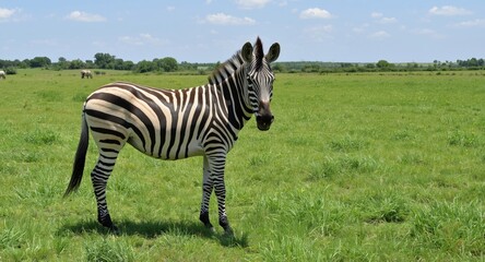 Obraz premium Mild zebra standing calmly on a wide verdant summer lawn under clear sky