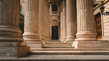 Obraz premium Stone column colonnade with ornate capitals and broad steps on a timeless facade