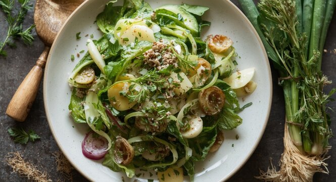 Crisp vegetable salad for spring with wild leeks and fresh herbs
