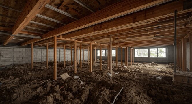 Contemporary residential foundation showing engineered wood joists beneath crawl space