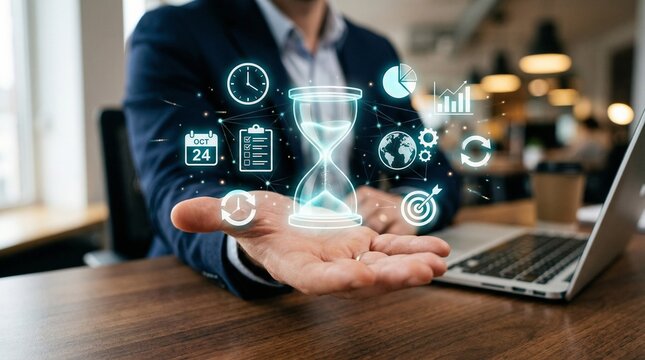 A businessman using his hand to present time management icons floating above it. In the background a laptop and a mug can be seen