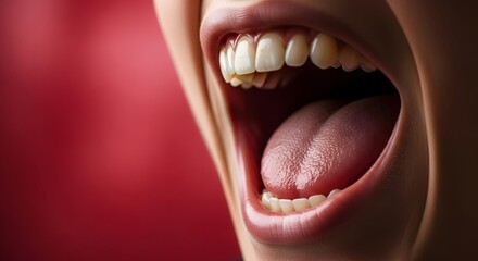 Naklejka premium A close-up of a person's open mouth with tongue out against a red background American usa soccer fan in Dramatic multi-sensory texture in 2026 soccer world championship.