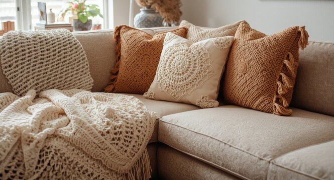 Inviting living room corner couch layered with white crochet blanket and decorative macrame pillows