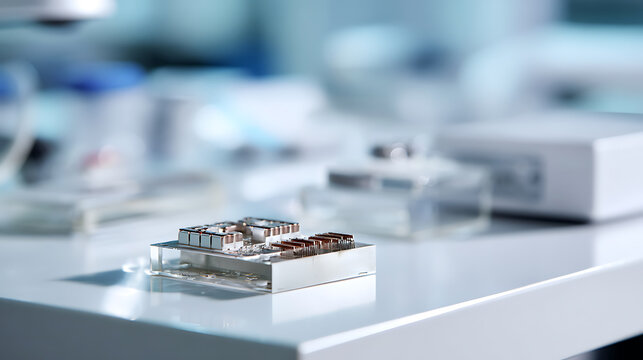 Close-up perspective of a microfluidic device, an advanced biotechnology tool on a laboratory bench, highlighting scientific research and development workflows