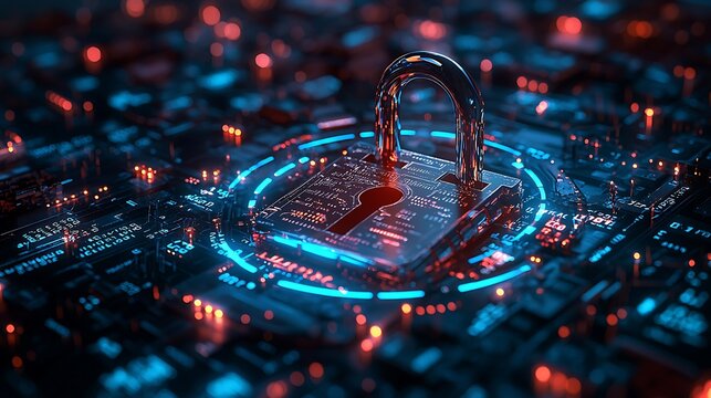 Cybersecurity padlock glowing circuit protection data encryption secure network photo