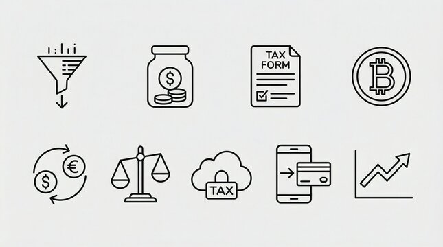 Black-and-white line icons representing finance, taxation, savings, cryptocurrency, currency exchange, mobile banking, and investment growth in a clean layout.